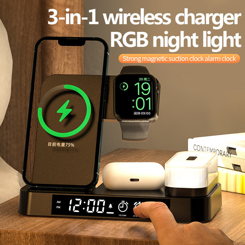 4 In 1 Multifunction Wireless Charger Station With Alarm Clock Display Foldable Wireless Charger Stand With Rgb Night Light