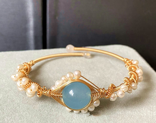 14K Gold Wrapped Hailan Baohai Sapphire Natural White Pearl Bracelet