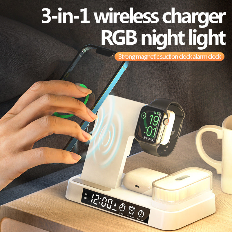 4 In 1 Multifunction Wireless Charger Station With Alarm Clock Display Foldable Wireless Charger Stand With Rgb Night Light