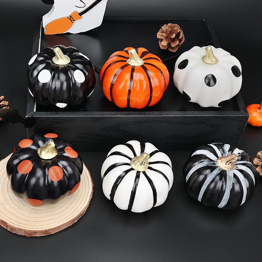 Akerock Halloween Decorations Indoor, 6 Pcs Black And White Pumpkins For Table, Tiered Tray, Desk, Fireplace Mantel, Fall And Thankgiving Decor- Halloween Decorations For Home