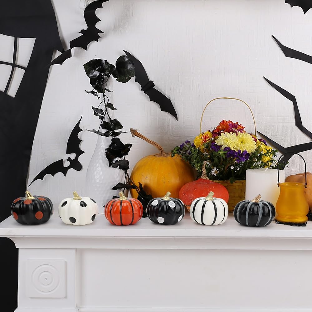 Akerock Halloween Decorations Indoor, 6 Pcs Black And White Pumpkins For Table, Tiered Tray, Desk, Fireplace Mantel, Fall And Thankgiving Decor- Halloween Decorations For Home