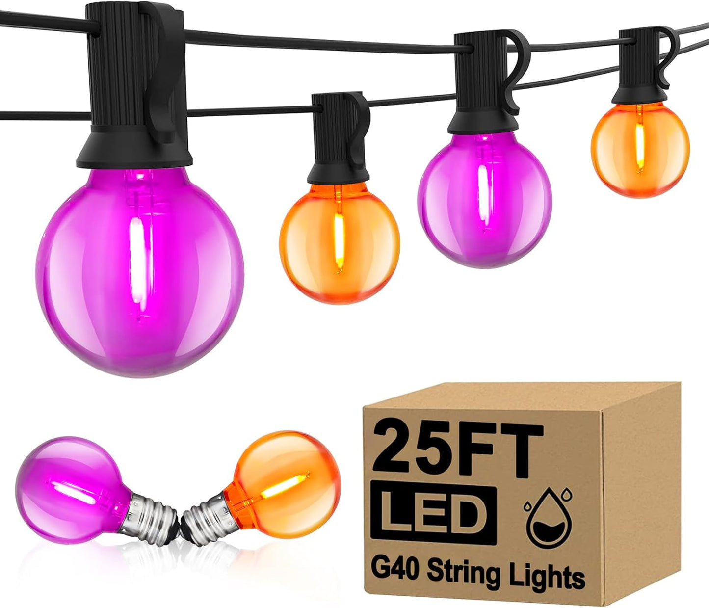 25Ft Outdoor Halloween String Lights, G40 Outdoor Halloween Decorations Lights With 27 Led Shatterproof Orange Purple Globe Lights(2 Spare), Hanging Patio Lights For Holiday Balcony Backyard Party