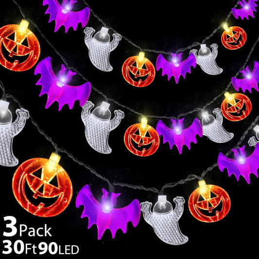 [Timer & 3 Pack]Halloween Lights Total 30Ft 90Led Halloween Decorations Indoor 3 In 1 Orange Pumpkins Purple Bats White Ghost Halloween String Lights Battery Operated For Home Outdoor, 10Ft 30Led Each