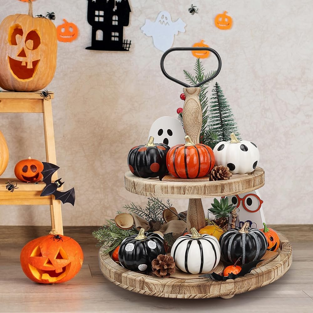 Akerock Halloween Decorations Indoor, 6 Pcs Black And White Pumpkins For Table, Tiered Tray, Desk, Fireplace Mantel, Fall And Thankgiving Decor- Halloween Decorations For Home