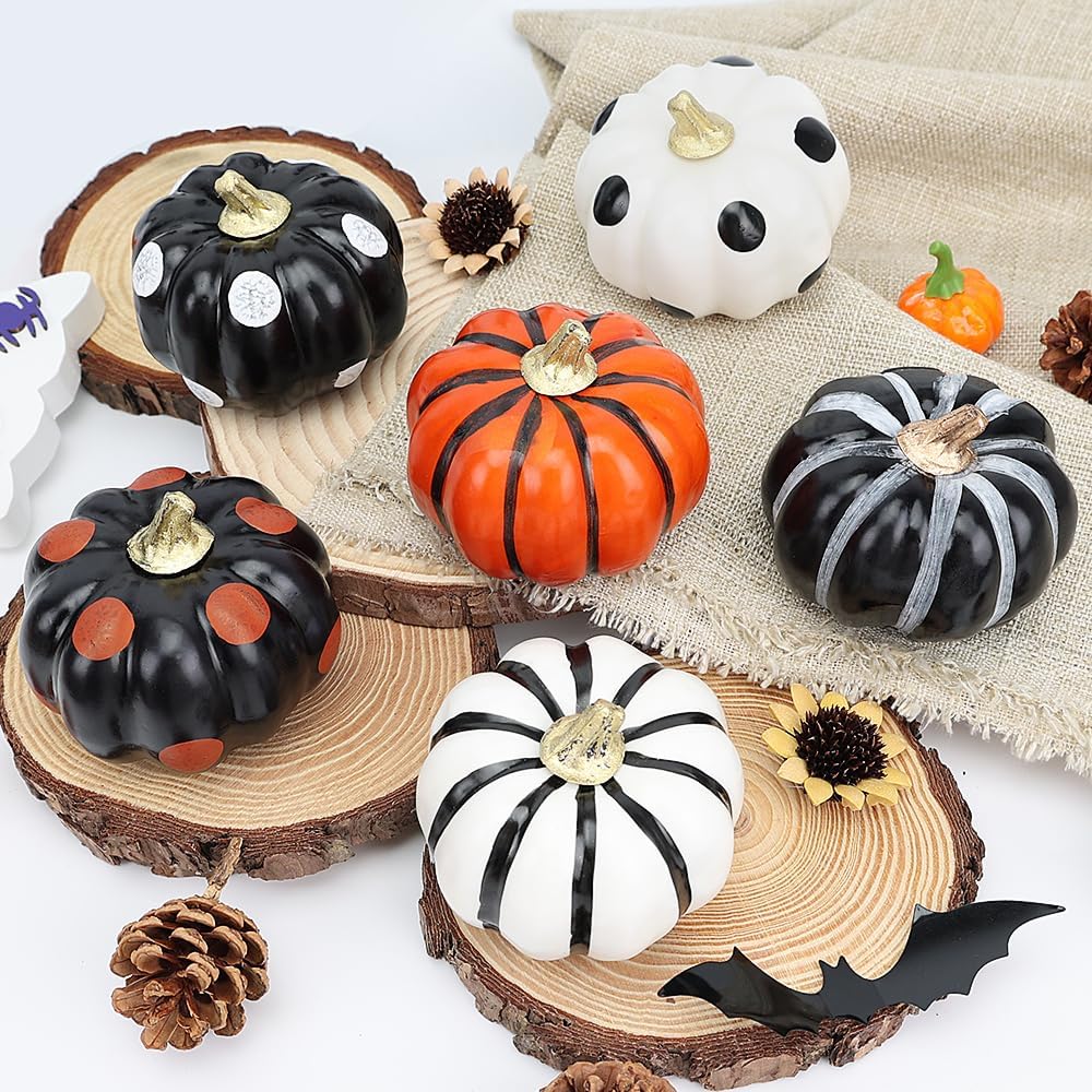 Akerock Halloween Decorations Indoor, 6 Pcs Black And White Pumpkins For Table, Tiered Tray, Desk, Fireplace Mantel, Fall And Thankgiving Decor- Halloween Decorations For Home