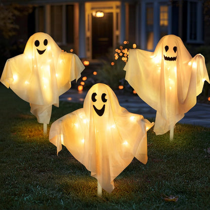 3 Pack Halloween Outdoor Decorations Lighted Ghost Yard Stakes With 50 Led Warm White Lights 8 Modes Battery Operated Bendable Arm Light Up White Cloth Ghost Yard Garden Outside Haunted House Decor