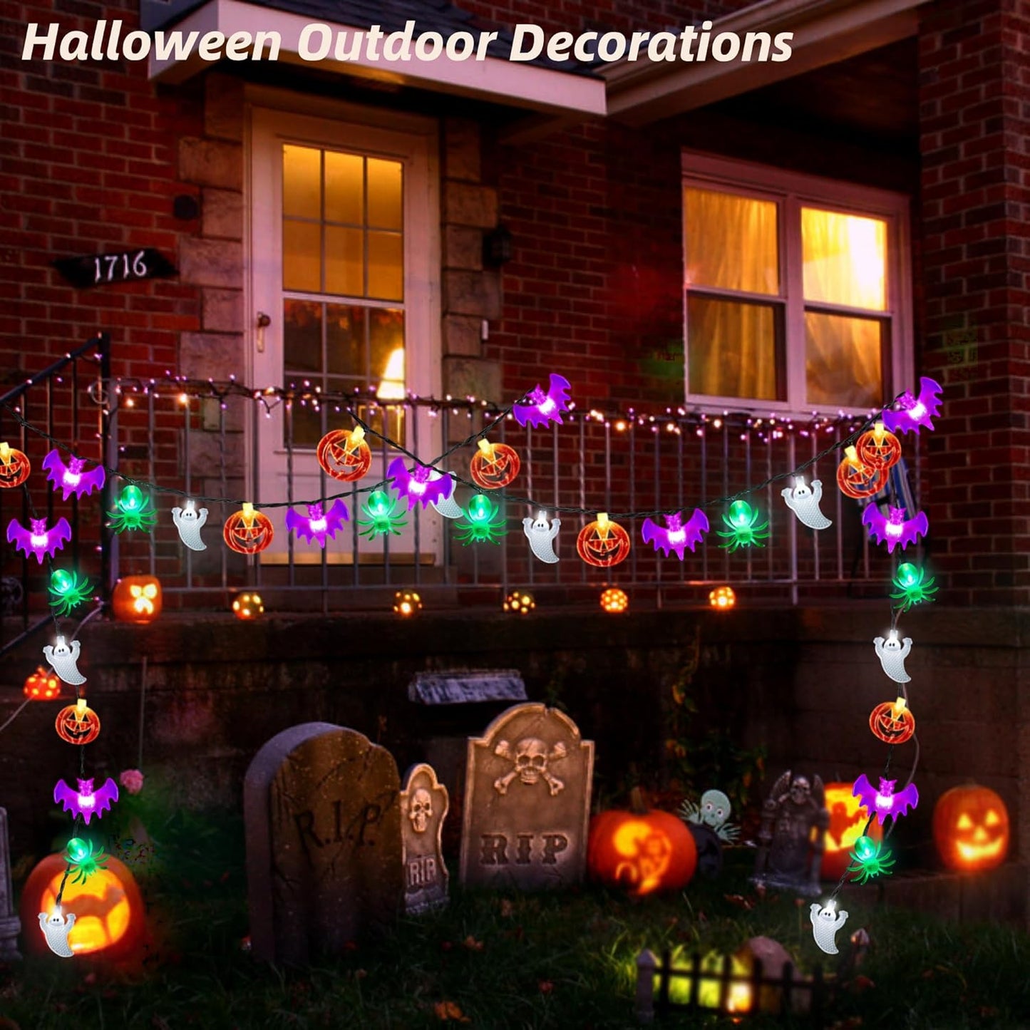 2 Pack Halloween Lights Outdoor Indoor Total 33Ft 60 Led Pumpkin Bat Spider Ghost Halloween String Lights Battery Operated With Timer, 8 Light Modes Halloween Decorations Lights Home Window Yard Decor