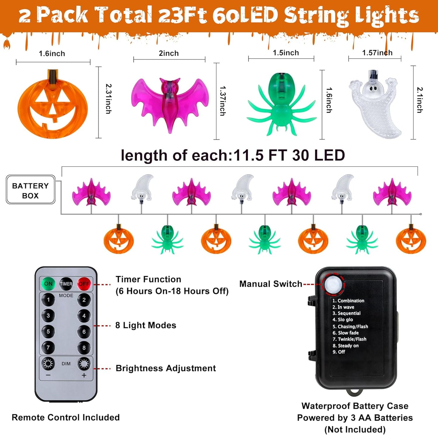 [Timer] 2 Pack Halloween Lights Total 23Ft 60 Led Pumpkin Bat Spider Ghost Halloween String Lights Battery Operated, 8 Modes Waterproof Indoor Outdoor Halloween Decorations Lights Home Window Decor