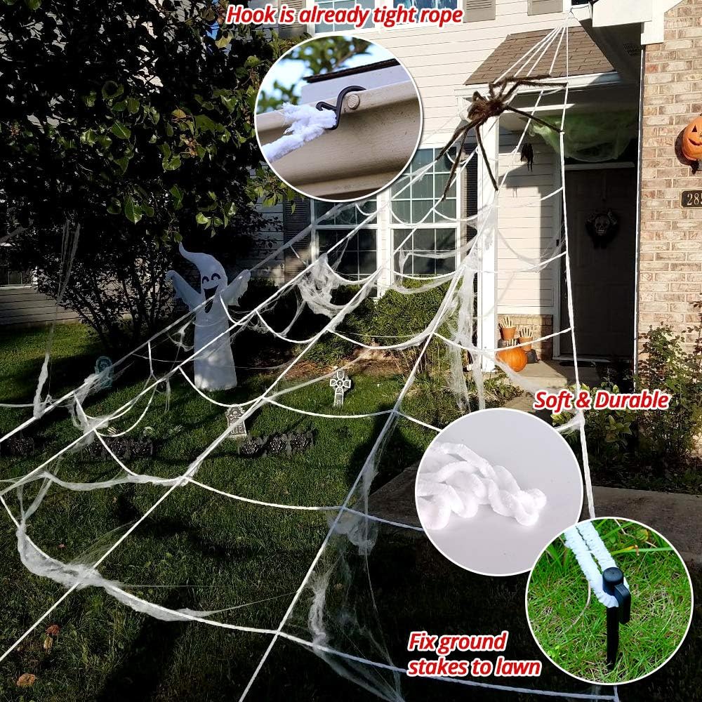 200 Halloween Spider Web + 59 Giant Spider Decorations Spider With Triangular Huge Spider Web For Indoor Outdoor Halloween Decorations Yard Home Costumes Parties Haunted House Décor