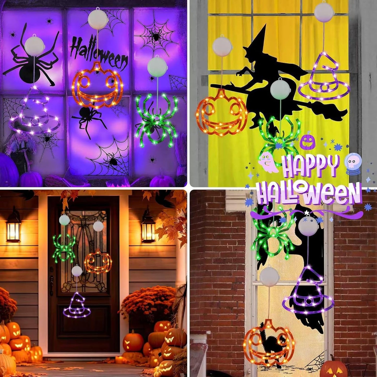 3 Pack Halloween Decorations, Orange Pumpkin Purple Witch Hat Green Spider Halloween Lights Battery Operated, Halloween Window Lights With Suction Cup And Timer Function 2 Modes For Halloween Decor