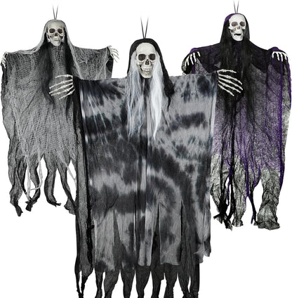 3 Pack Hanging Halloween Skeleton Ghosts Decorations, Grim Reapers For Halloween Outdoor Decorations, Halloween Skeleton Flying Ghost, Haunted Haunted House Prop, Party Decor