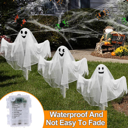 3 Pack Halloween Outdoor Decorations Lighted Ghost Yard Stakes With 50 Led Warm White Lights 8 Modes Battery Operated Bendable Arm Light Up White Cloth Ghost Yard Garden Outside Haunted House Decor