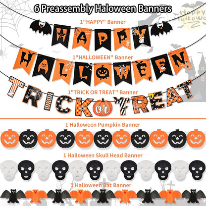 Ahfulife Halloween Party Decorations Set, Reusable Halloween Indoor Decorations Kit Including Happy Halloween Paper Banner For Home Decor, Trick Or Treat Banner Sign, Hanging Swirl, Pumpkin Bat Banner