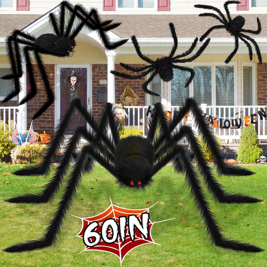 4 Pack Giant Spider Halloween Decorations, Large Realistic Spiders For Indoor Outdoor Halloween Decorations Yard Home Haunted House Party Decor (60, 50”, 35”, 30”)