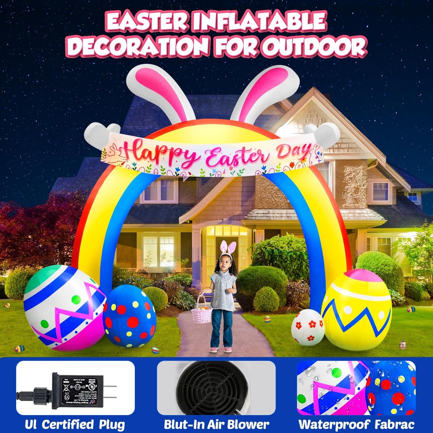 10Ft Easter Inflatables Decorations Archway With Bunny And Eggs,Built In Led Lights Blow Up Yard Decoration For Holiday Party,Indoor,Outdoor,Garden,Yard Lawn Decor