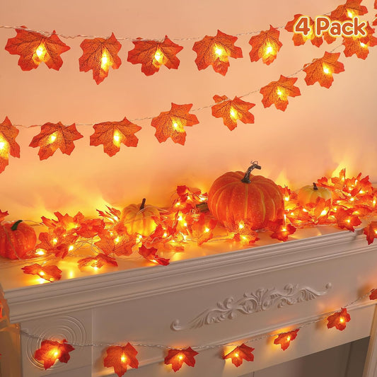 4Pcs Fall Decor Thanksgiving Decorations For Home Table, Fall Leaves Garland Lights 40Ft 80Led Halloween Decorations Indoor Outdoor Fall Home Room Decor Autumn Harvest Party Wedding Decorations