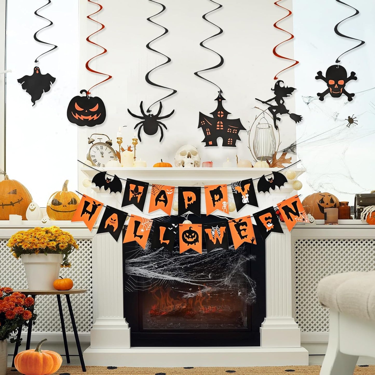 Ahfulife Halloween Party Decorations Set, Reusable Halloween Indoor Decorations Kit Including Happy Halloween Paper Banner For Home Decor, Trick Or Treat Banner Sign, Hanging Swirl, Pumpkin Bat Banner