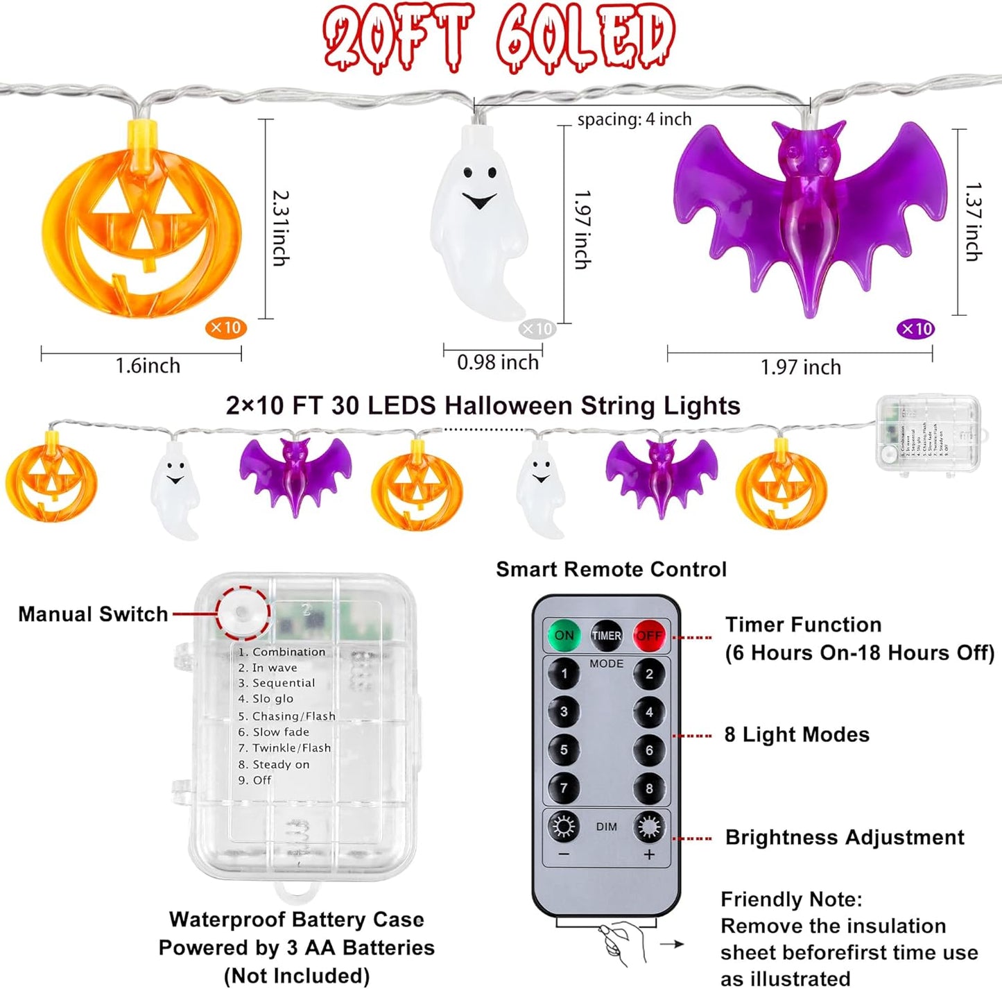 [Timer] 2 Pack Halloween Lights Indoor Outdoor, 20Ft 60 Led Pumpkin Bat Ghost Battery Operated String Lights, 8 Lighting Modes Waterproof Halloween Decorations Lights For Home Party Decor