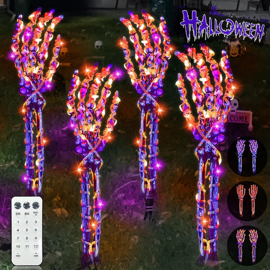 [Remote Control 12 Modes & Timer] 4 Pack Halloween 3D Skeleton Arm Hands Pathway Lights 160 Led Orange Purple Color Changing Stakes Light Halloween Decorations Outdoor Waterproof Yard Lawn Graveyard