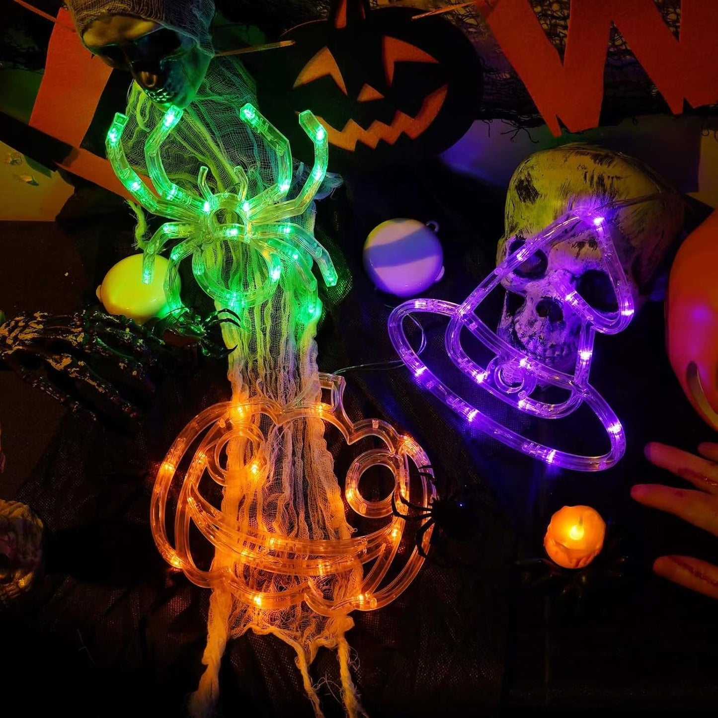 3 Pack Halloween Decorations, Orange Pumpkin Purple Witch Hat Green Spider Halloween Lights Battery Operated, Halloween Window Lights With Suction Cup And Timer Function 2 Modes For Halloween Decor