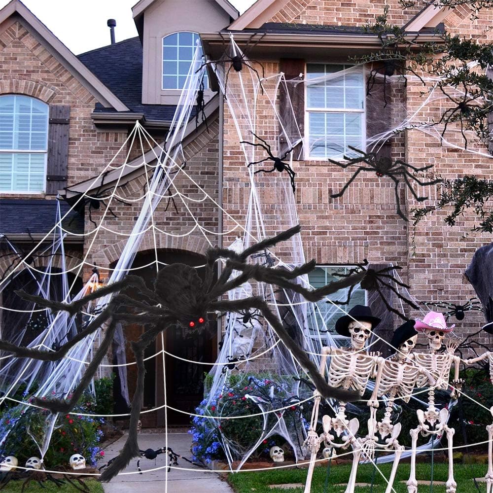 200 Halloween Spider Web + 59 Giant Spider Decorations Spider With Triangular Huge Spider Web For Indoor Outdoor Halloween Decorations Yard Home Costumes Parties Haunted House Décor