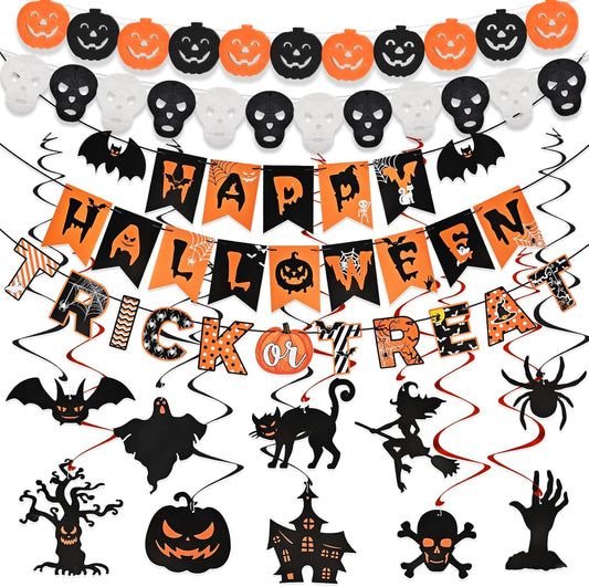 Ahfulife Halloween Party Decorations Set, Reusable Halloween Indoor Decorations Kit Including Happy Halloween Paper Banner For Home Decor, Trick Or Treat Banner Sign, Hanging Swirl, Pumpkin Bat Banner