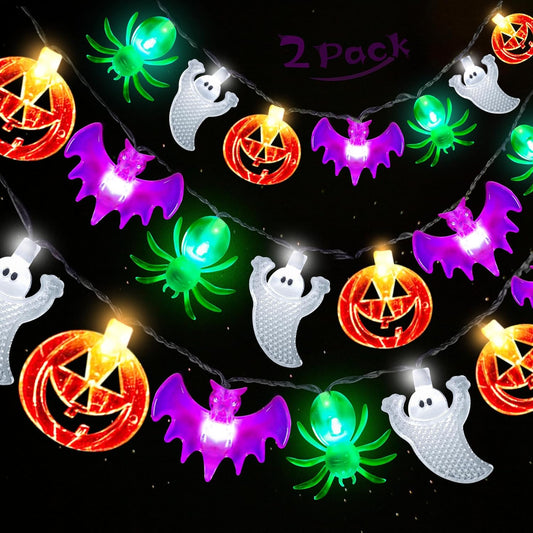 2 Pack Halloween Lights Outdoor Indoor Total 33Ft 60 Led Pumpkin Bat Spider Ghost Halloween String Lights Battery Operated With Timer, 8 Light Modes Halloween Decorations Lights Home Window Yard Decor