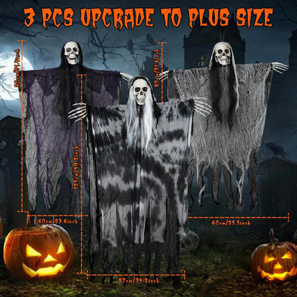 3 Pack Hanging Halloween Skeleton Ghosts Decorations, Grim Reapers For Halloween Outdoor Decorations, Halloween Skeleton Flying Ghost, Haunted Haunted House Prop, Party Decor