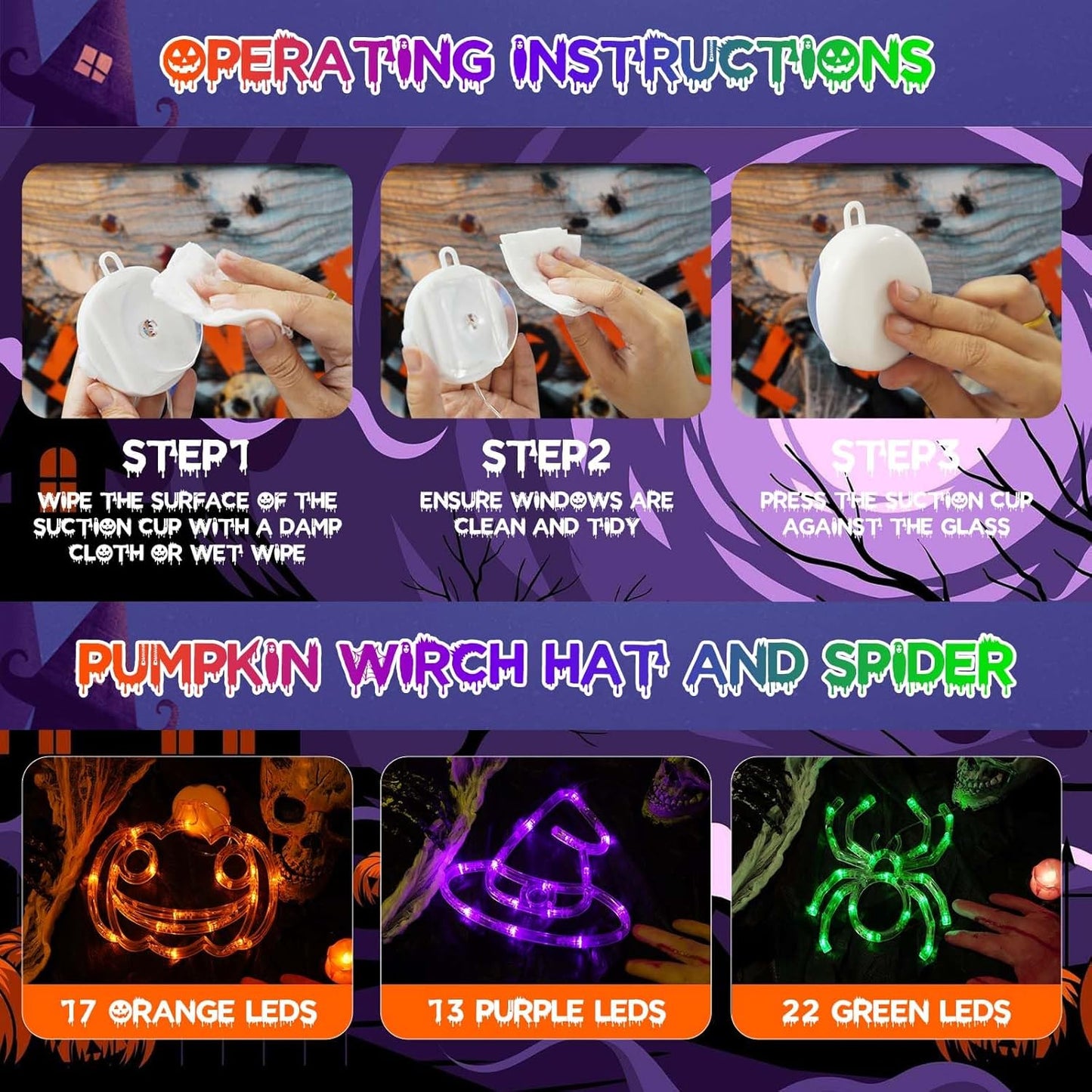 3 Pack Halloween Decorations, Orange Pumpkin Purple Witch Hat Green Spider Halloween Lights Battery Operated, Halloween Window Lights With Suction Cup And Timer Function 2 Modes For Halloween Decor