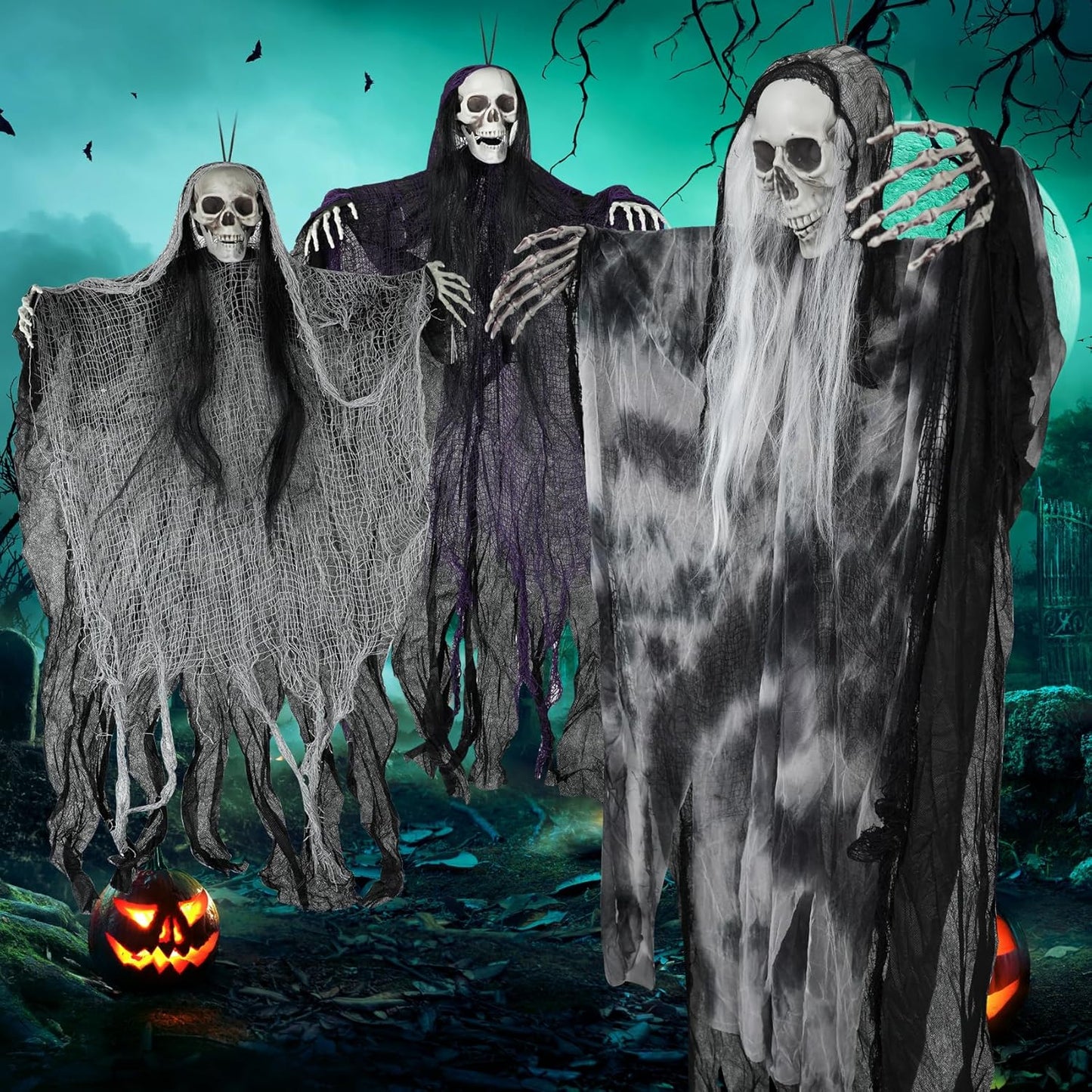 3 Pack Hanging Halloween Skeleton Ghosts Decorations, Grim Reapers For Halloween Outdoor Decorations, Halloween Skeleton Flying Ghost, Haunted Haunted House Prop, Party Decor