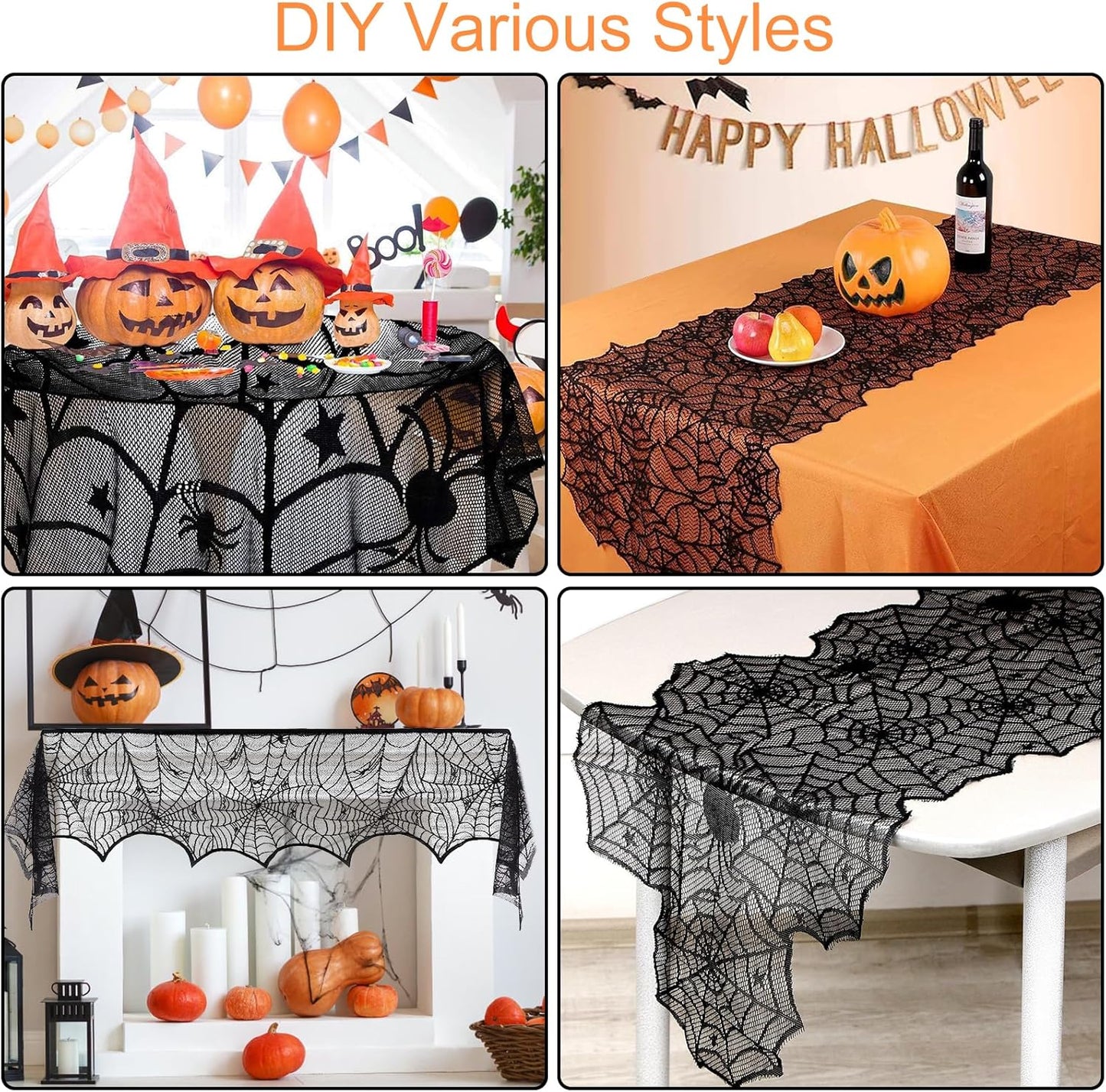 5Pack Halloween Decorations Indoor Halloween Spider Web Tablecloth Table Runners Fireplace Mantel Scarf Cobweb Lampshade Scary 3D Bats For Halloween Spooky Home Decor