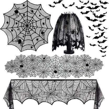 5Pack Halloween Decorations Indoor Halloween Spider Web Tablecloth Table Runners Fireplace Mantel Scarf Cobweb Lampshade Scary 3D Bats For Halloween Spooky Home Decor