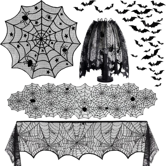 5Pack Halloween Decorations Indoor Halloween Spider Web Tablecloth Table Runners Fireplace Mantel Scarf Cobweb Lampshade Scary 3D Bats For Halloween Spooky Home Decor