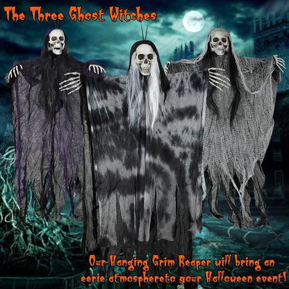 3 Pack Hanging Halloween Skeleton Ghosts Decorations, Grim Reapers For Halloween Outdoor Decorations, Halloween Skeleton Flying Ghost, Haunted Haunted House Prop, Party Decor