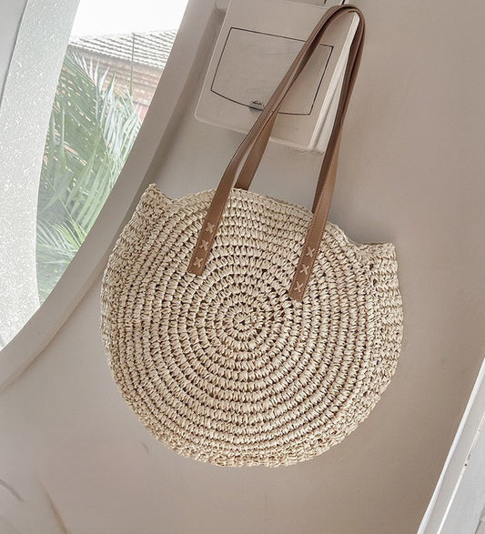 Handmade Woven Straw Round Beach Bag For Women