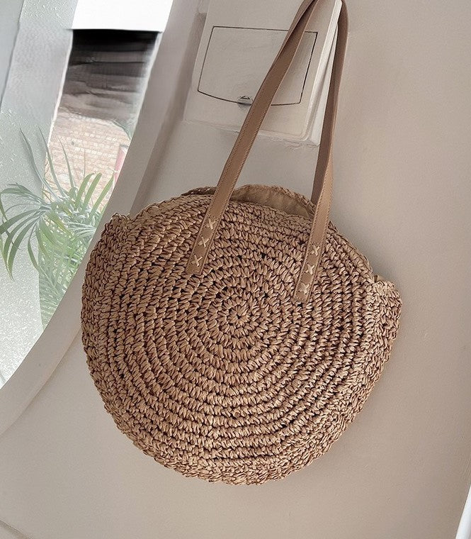 Handmade Woven Straw Round Beach Bag For Women