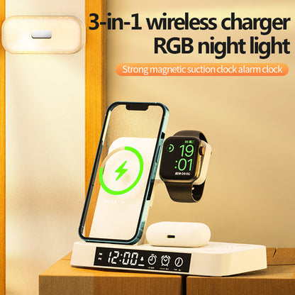 4 In 1 Multifunction Wireless Charger Station With Alarm Clock Display Foldable Wireless Charger Stand With Rgb Night Light